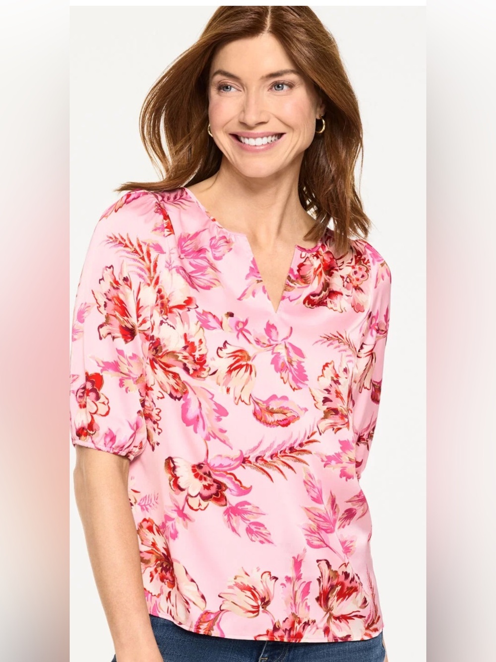 NWT Talbots Pink Floral Satin Charmeuse Blouse SZ MP Current 2026
